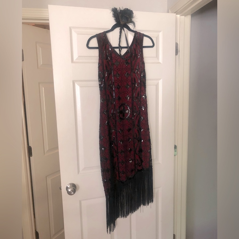 Red and Black Beaded Fringe Dress